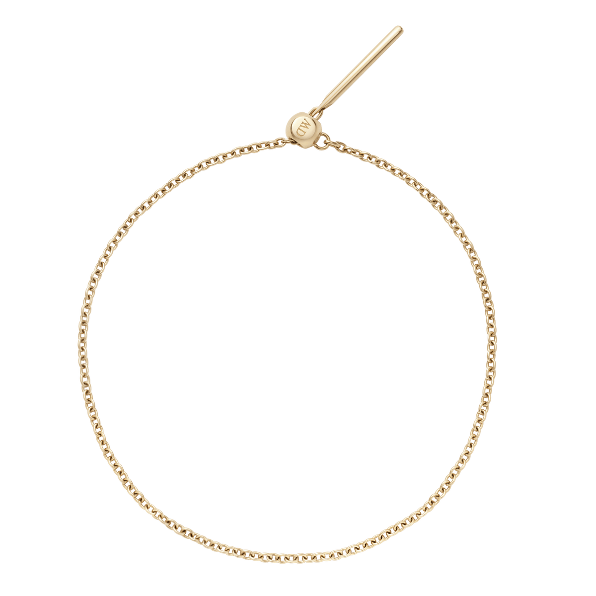 Charms Chain Bracelet G shown from above, featuring a slim gold-plated oval chain with an adjustable sliding clasp and minimalist bar detail.