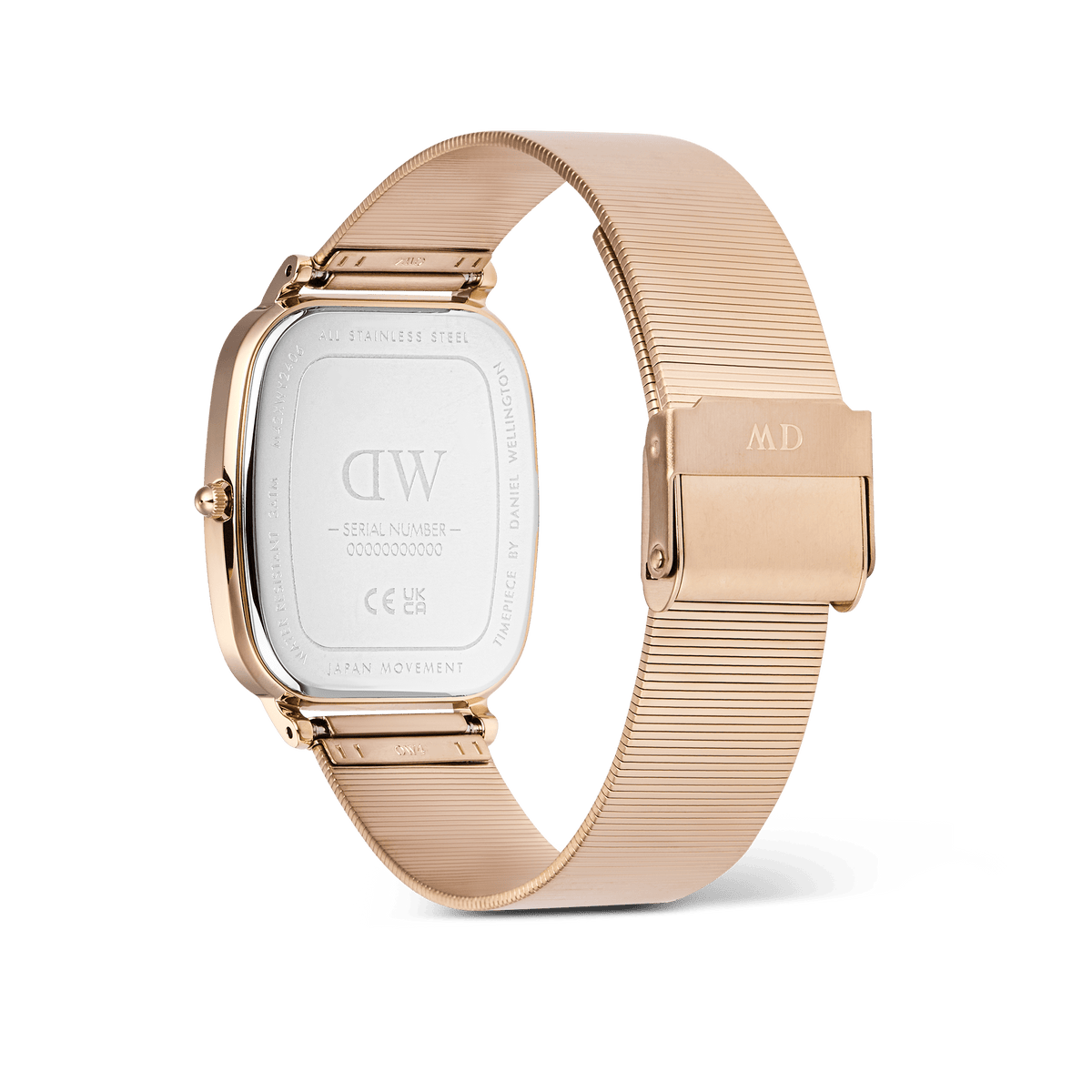 Rear view of the Daniel Wellington Marlon Wire Linen Rose Gold watch, showing the engraved stainless steel case back, rose gold wire mesh strap, and secure clasp fastening.
