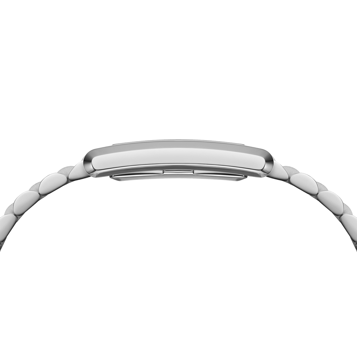 Slim profile of Bound 3-Link Silver watch with rectangular stainless steel case and curved 3-link bracelet.