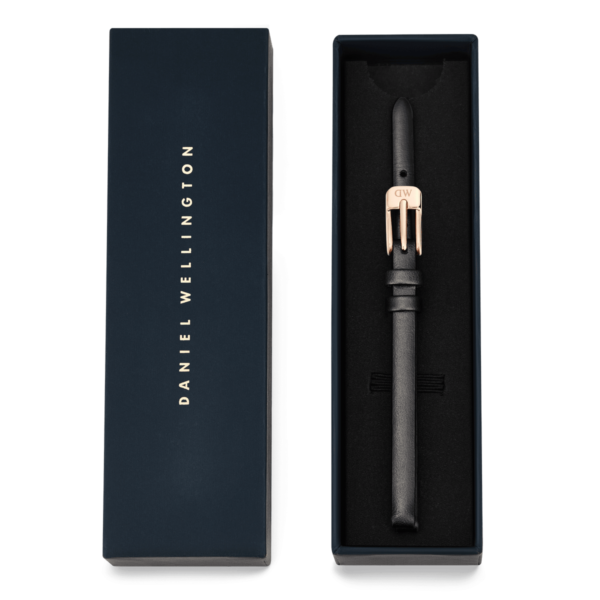 Pressed Sheffield Strap Rose Gold presented in a sleek navy Daniel Wellington gift box, featuring a slim black leather band and a polished rose gold buckle with engraved logo. The packaging highlights its suitability as an elegant gift or stylish watch upgrade.