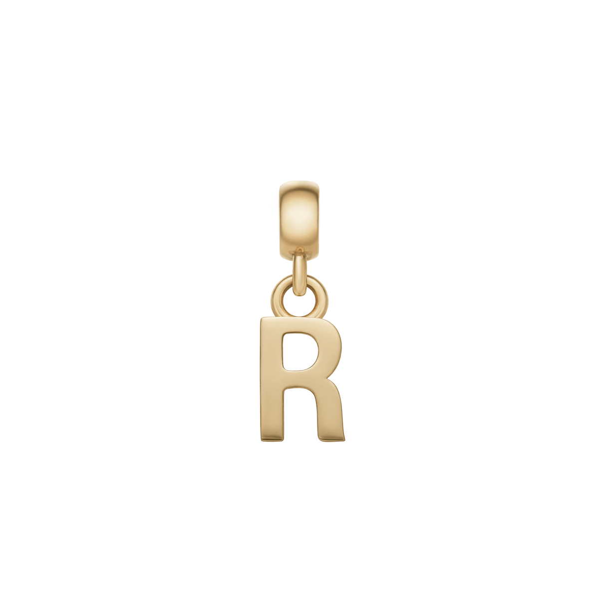 Gold letter R charm with a polished, minimalist finish and an adjustable clasp, perfect for personalising bracelets or necklaces with a subtle, elegant detail.