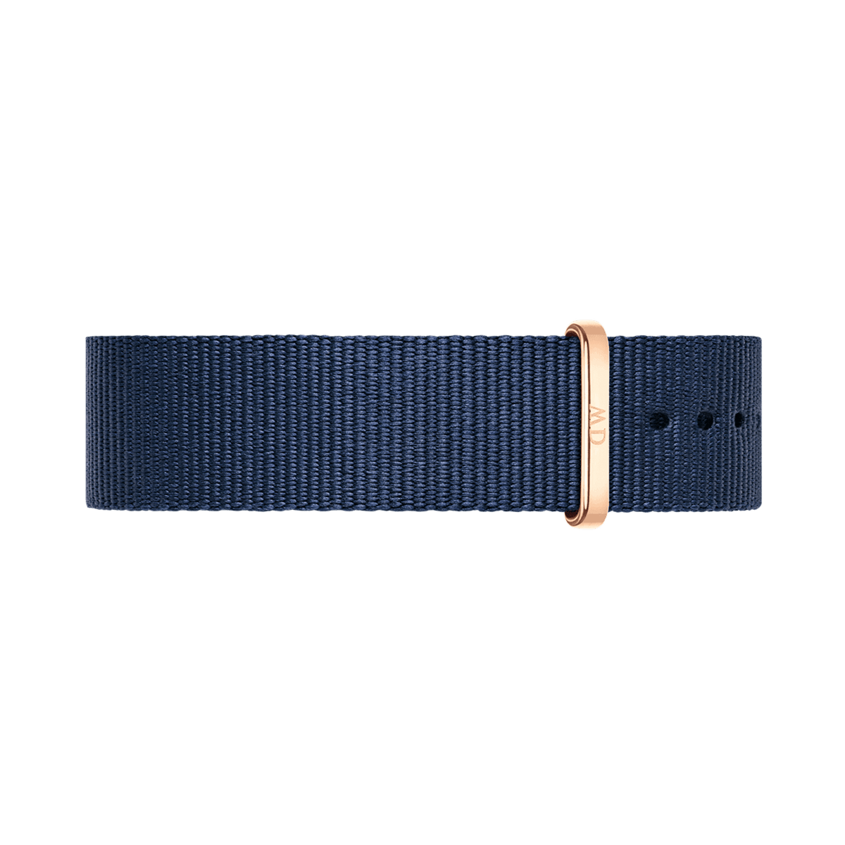 Deep midnight blue polyester NATO watch strap with a sleek rose gold buckle and keeper, designed for Daniel Wellington watches.