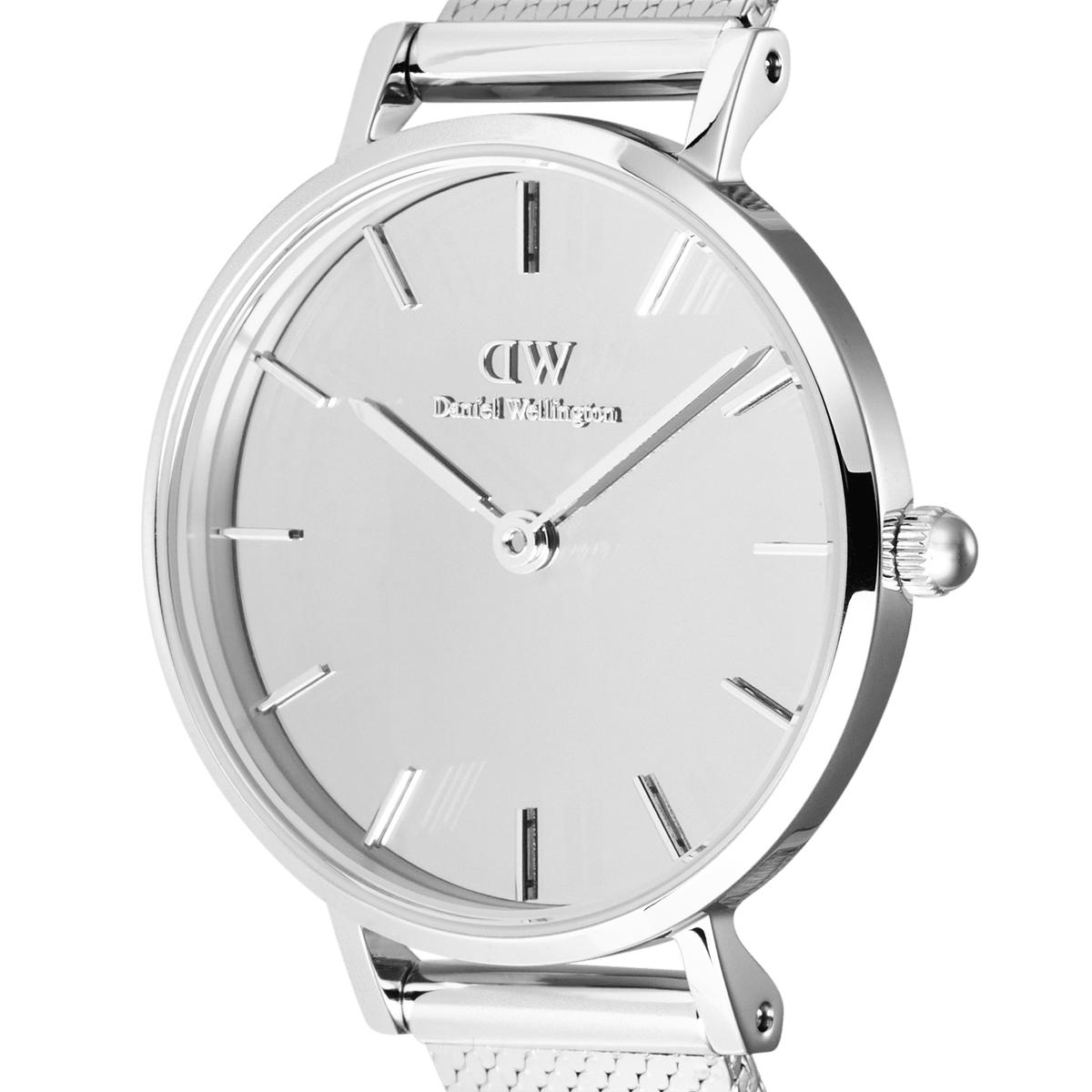 Close-up of Petite Reflection Silver women’s watch with mirror glass dial, minimalist markers, and polished stainless steel case.
