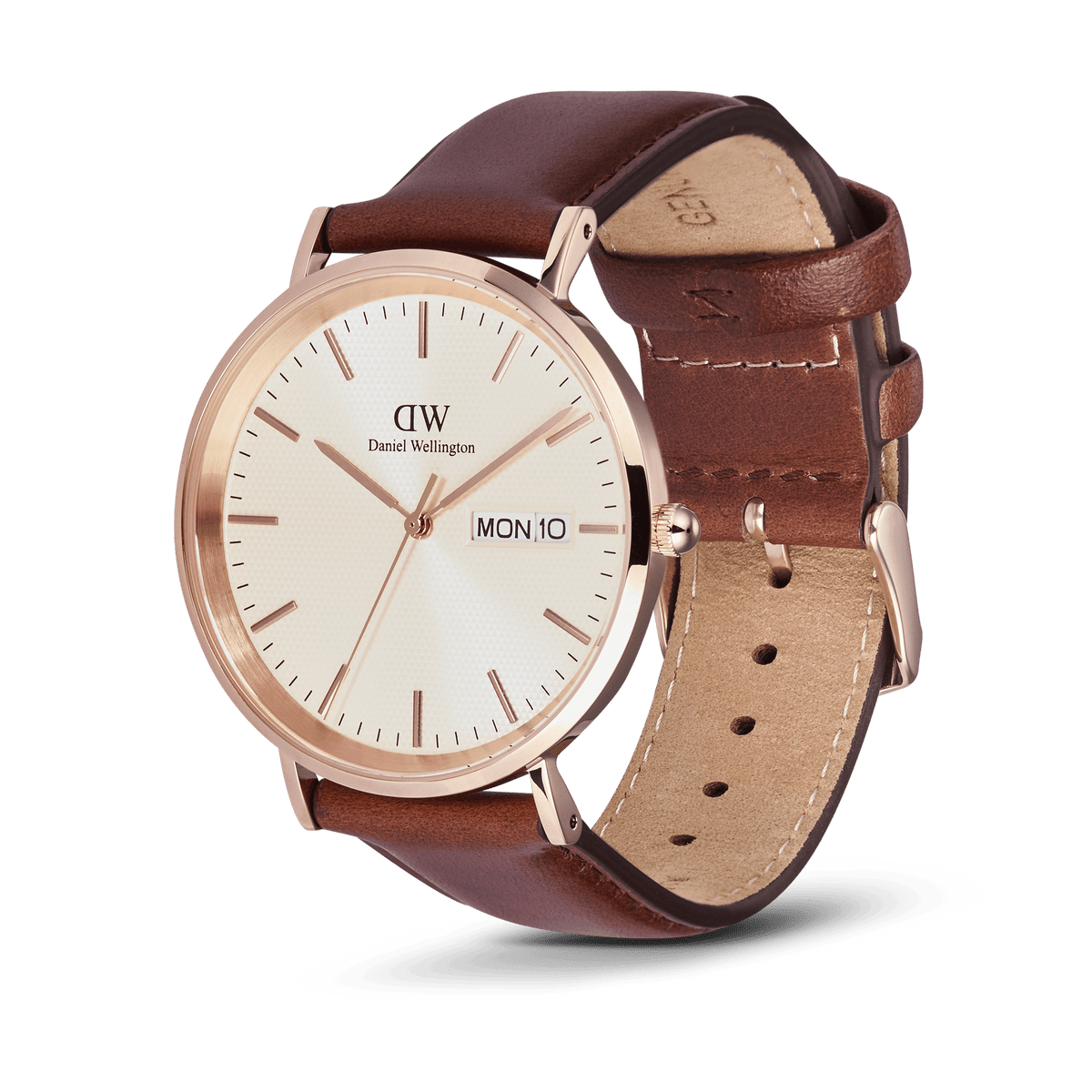 Classic Day Display St Mawes Rose Gold Champagne watch with a champagne dial, rose gold stainless steel case, day and date window, and a genuine brown leather strap with pin buckle, shown from a side angle.