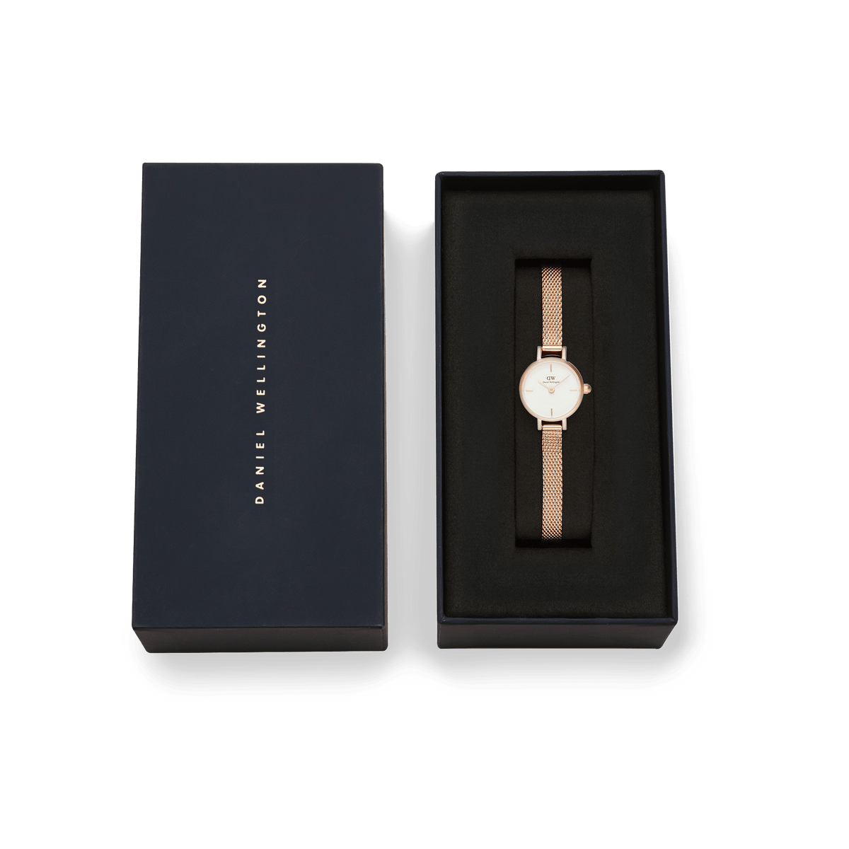 Petite Mini Melrose women's watch with a rose gold mesh strap and minimalist white dial, elegantly presented in a sleek black Daniel Wellington gift box.