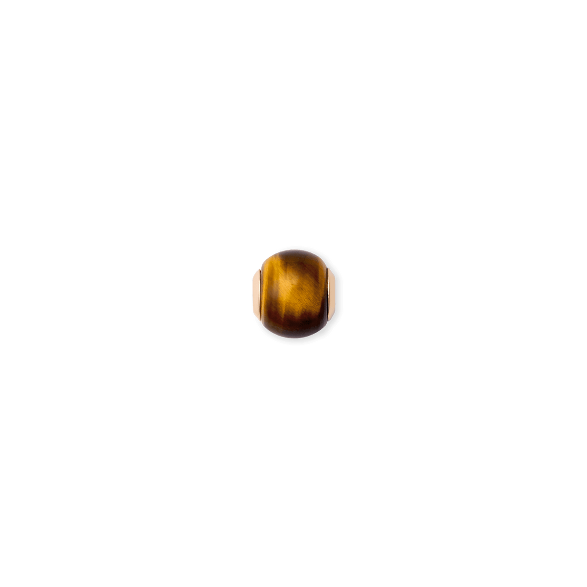 Tiger eye orb charm set in rose gold PVD-plated stainless steel, featuring natural golden-brown striations and a smooth, polished finish.