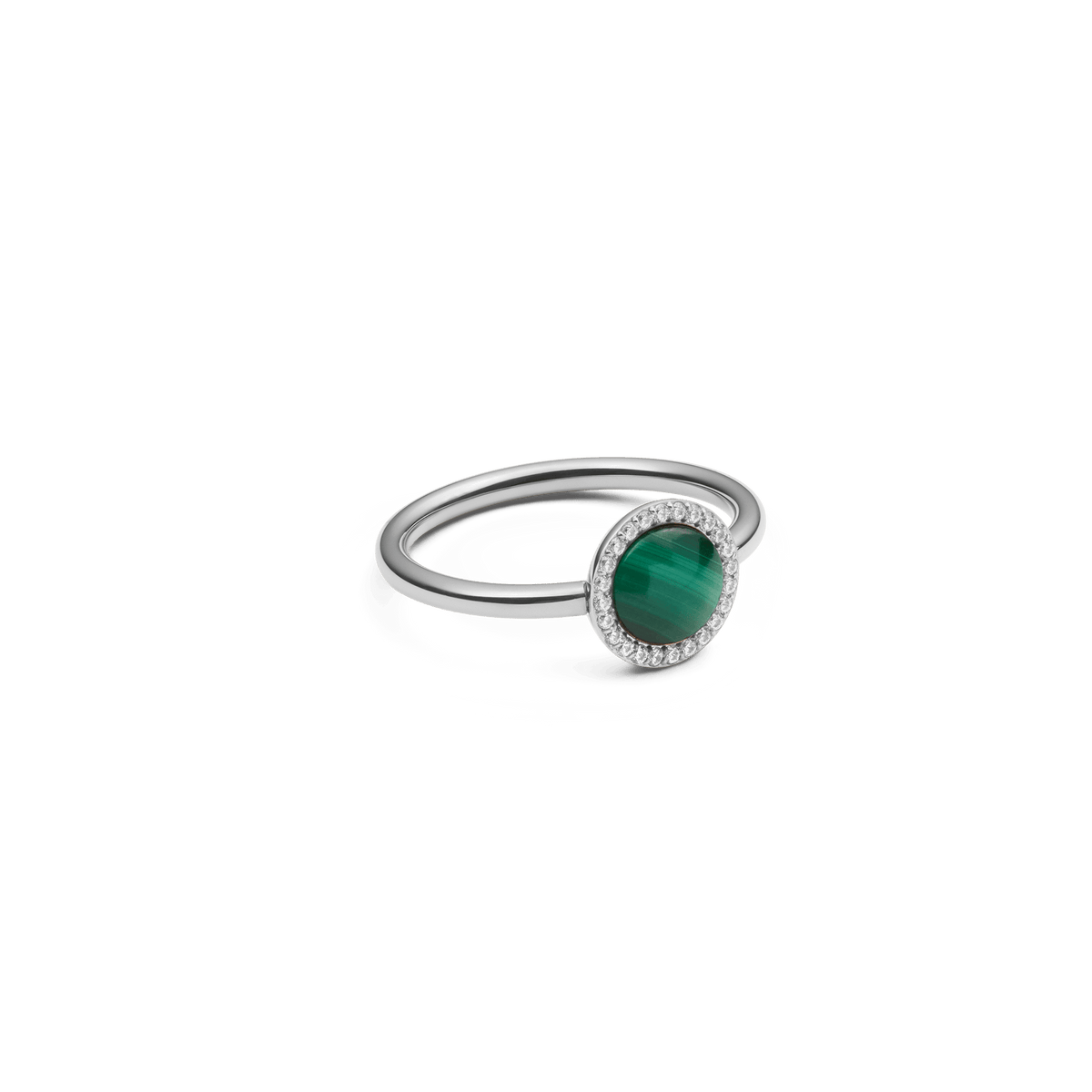Audrey Ring Malachite Silver featuring a round green malachite stone with cubic zirconia halo on a slim silver band.