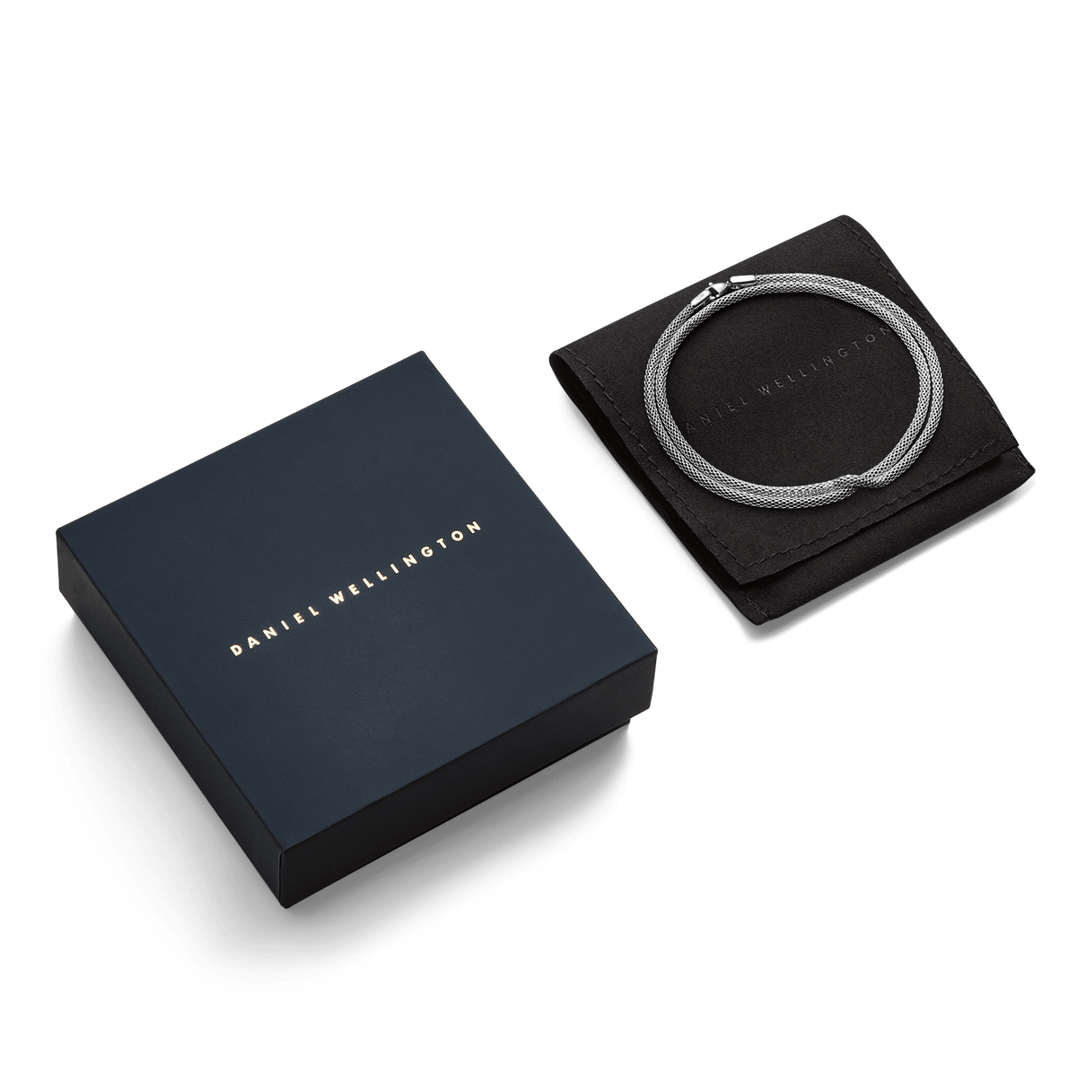 Tide Mesh Necklace Silver 2.8 displayed coiled on a black pouch next to a navy Daniel Wellington gift box, highlighting its refined mesh design and elegant packaging.