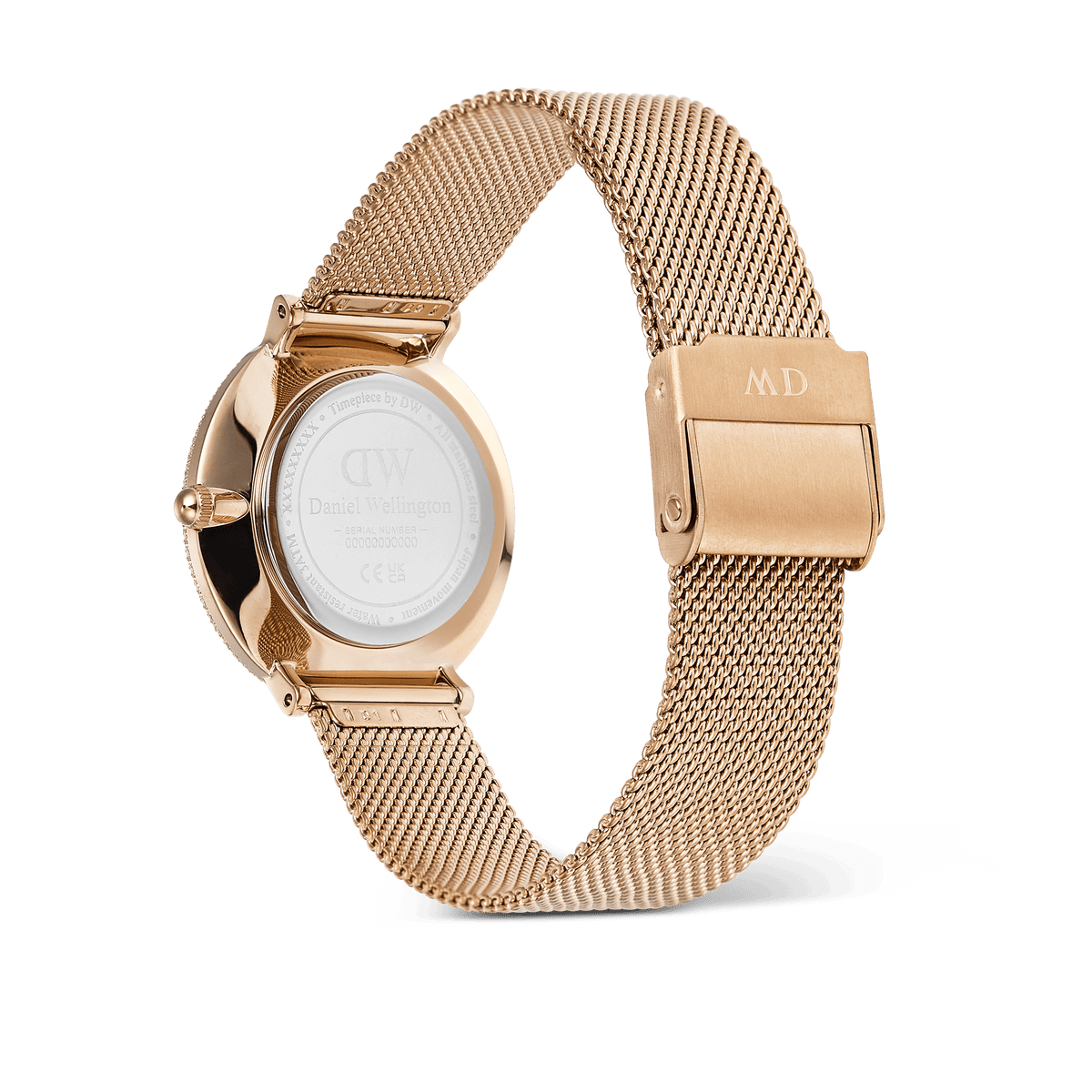 Back view of the Crystalline Bezel Melrose watch, showing the engraved stainless steel case and adjustable rose gold mesh strap with a secure clasp.