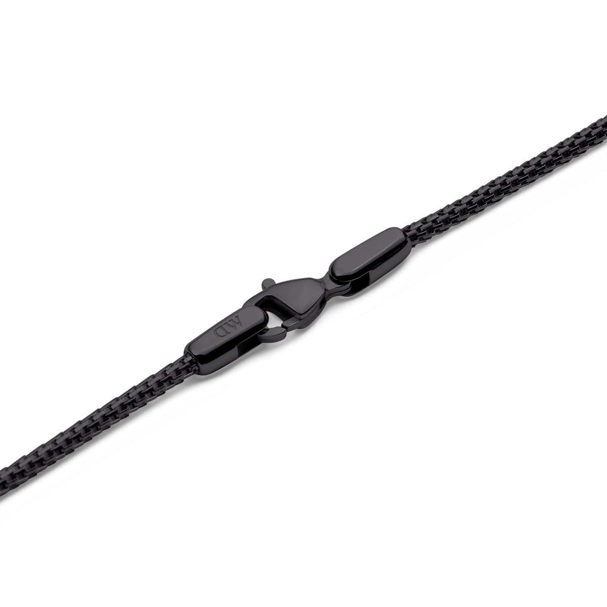 Detail of the Tide Mesh Necklace Black 1.8 showing the polished black lobster clasp and fine stainless steel mesh chain, highlighting its secure fastening and contemporary design.