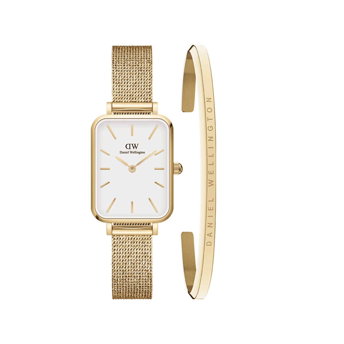 Quadro Pressed Evergold & Classic Bracelet set featuring a rectangular gold-tone watch with a white minimalist dial and a matching slim gold cuff bracelet engraved with the Daniel Wellington signature. Both pieces have a polished finish and are crafted from high-quality steel, offering a refined and elegant look.