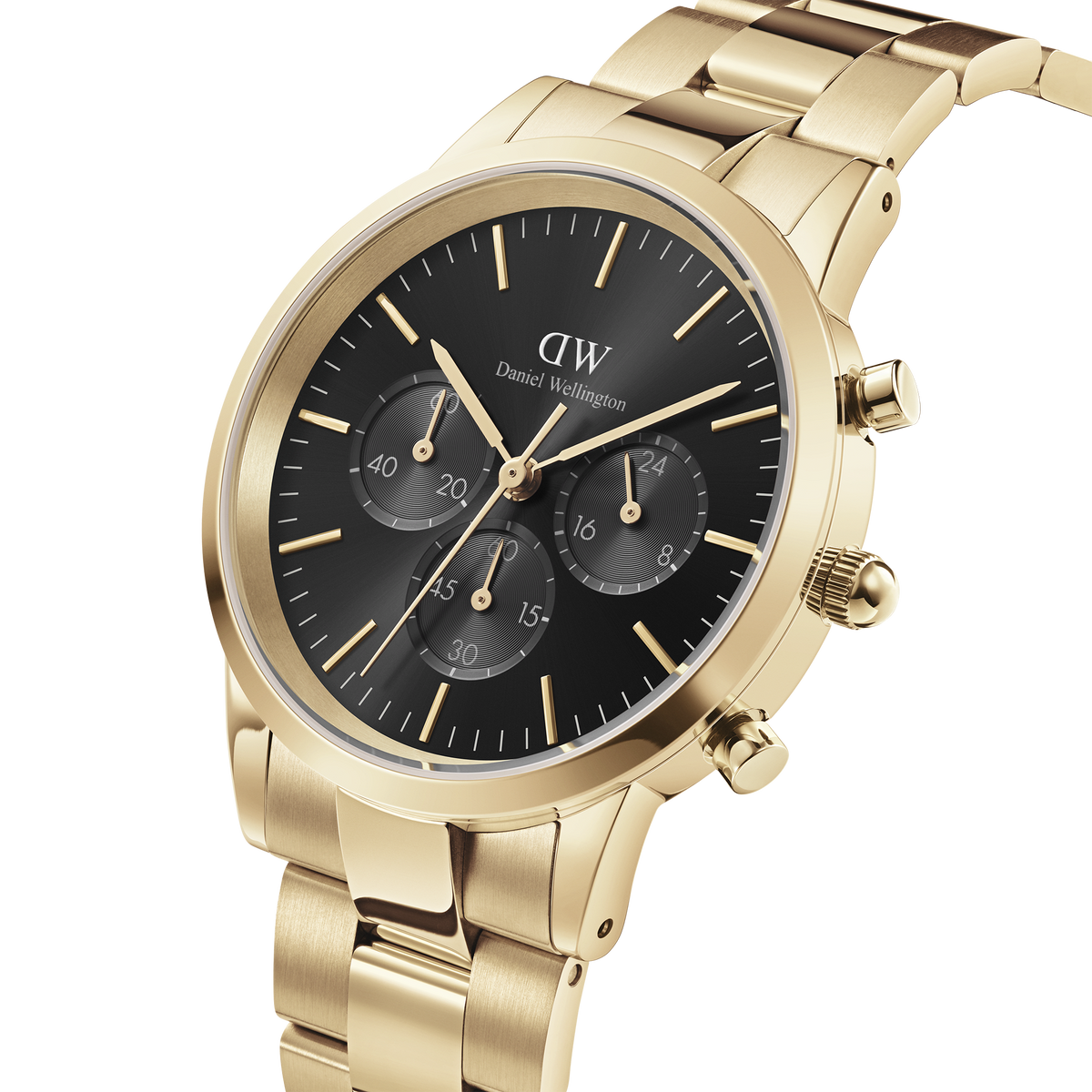 Elegant gold chronograph watch with a black sunray dial, three sub-dials, and a polished gold link bracelet, featuring minimalist gold indices and the Daniel Wellington logo.