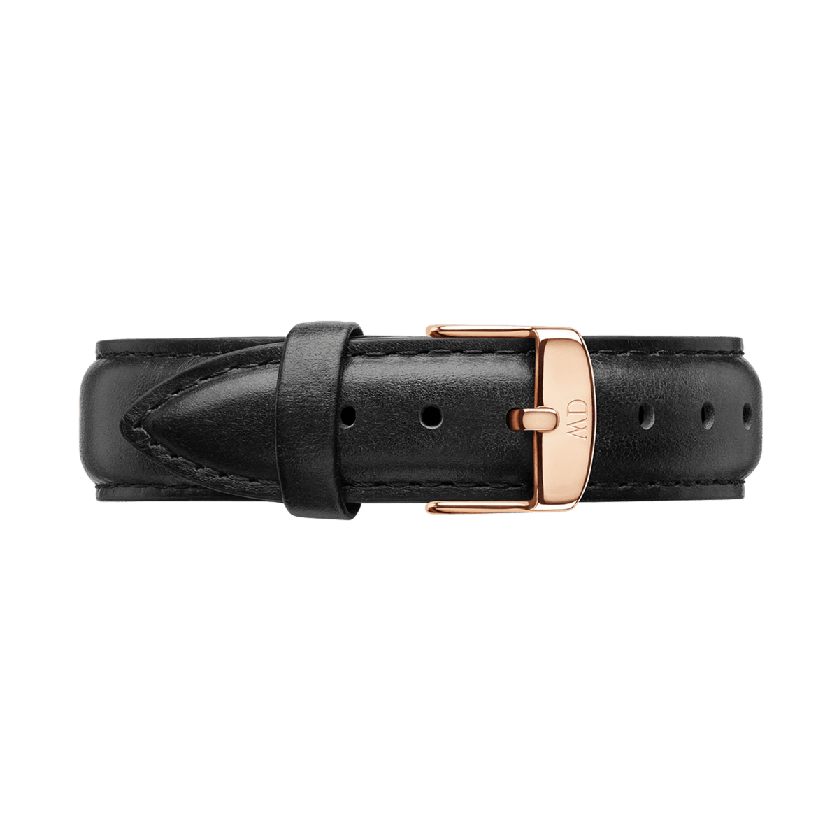 Genuine black Italian leather watch strap with fine stitching and a rose gold buckle engraved with the Daniel Wellington logo, offering a refined and timeless upgrade for your timepiece.