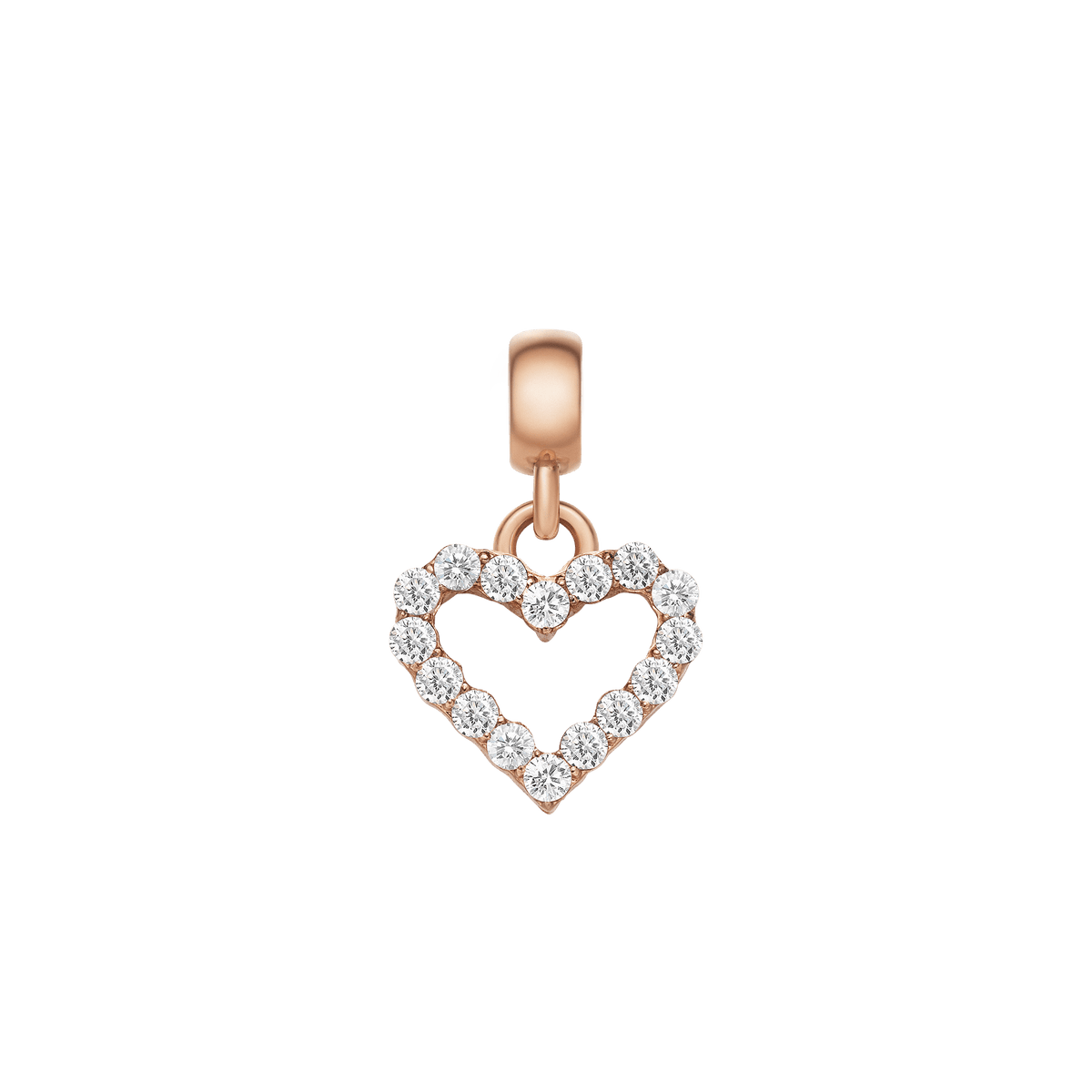 Rose gold open heart charm featuring a delicate contour set with sparkling white crystals, designed for bracelets or necklaces to add a touch of refined elegance.