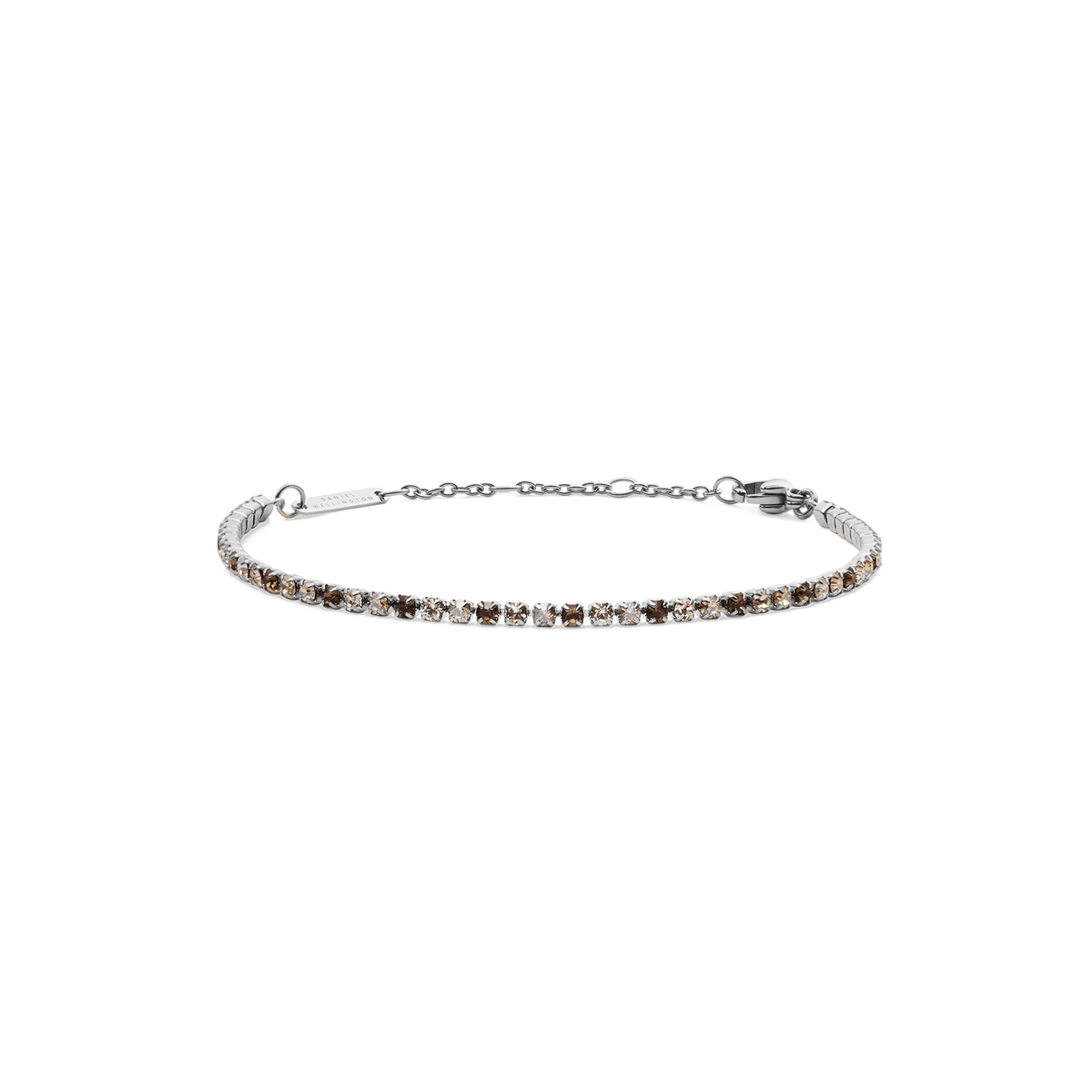 Slim silver tennis bracelet featuring a row of honey-toned Preciosa crystals in a gradient pattern, finished with an adjustable chain and secure lobster clasp.