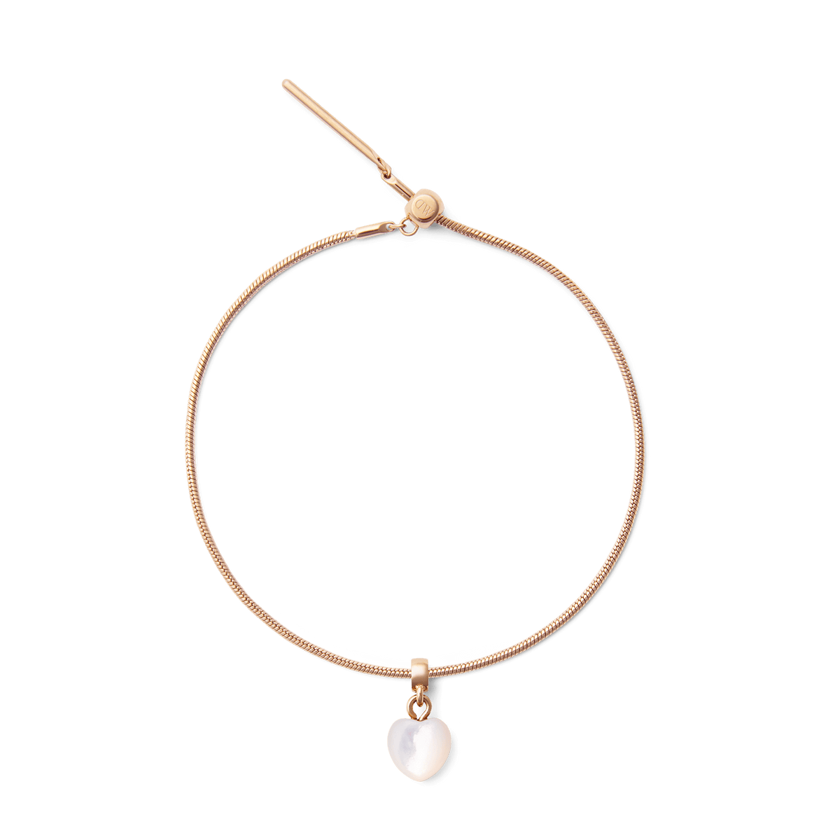 Rose gold bracelet featuring a heart-shaped mother of pearl charm, highlighting a smooth iridescent finish and an adjustable, elegant design.