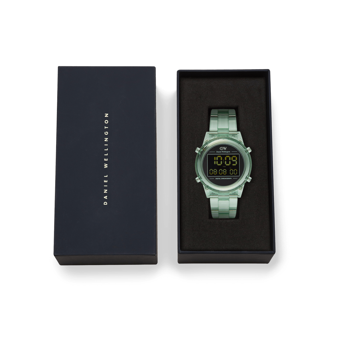 Daniel Wellington Retro Digital Light Green watch with a transparent light green strap and black digital dial, presented in an elegant branded gift box.