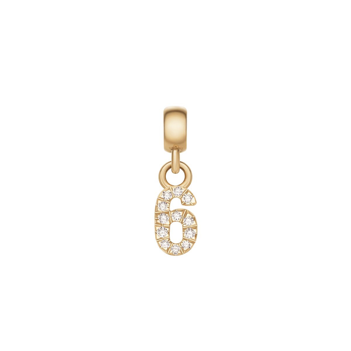 Crystal Number Charm Gold in the shape of the number 6, crafted from gold-plated stainless steel and set with cubic zirconia stones.