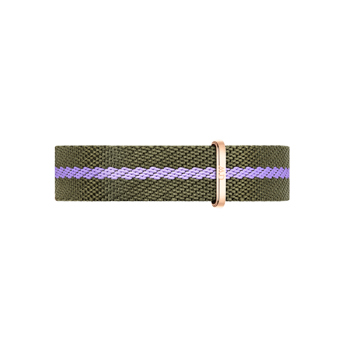 Green NATO watch strap with a purple stripe and rose gold buckle, crafted from recycled nylon in a premium twill weave.