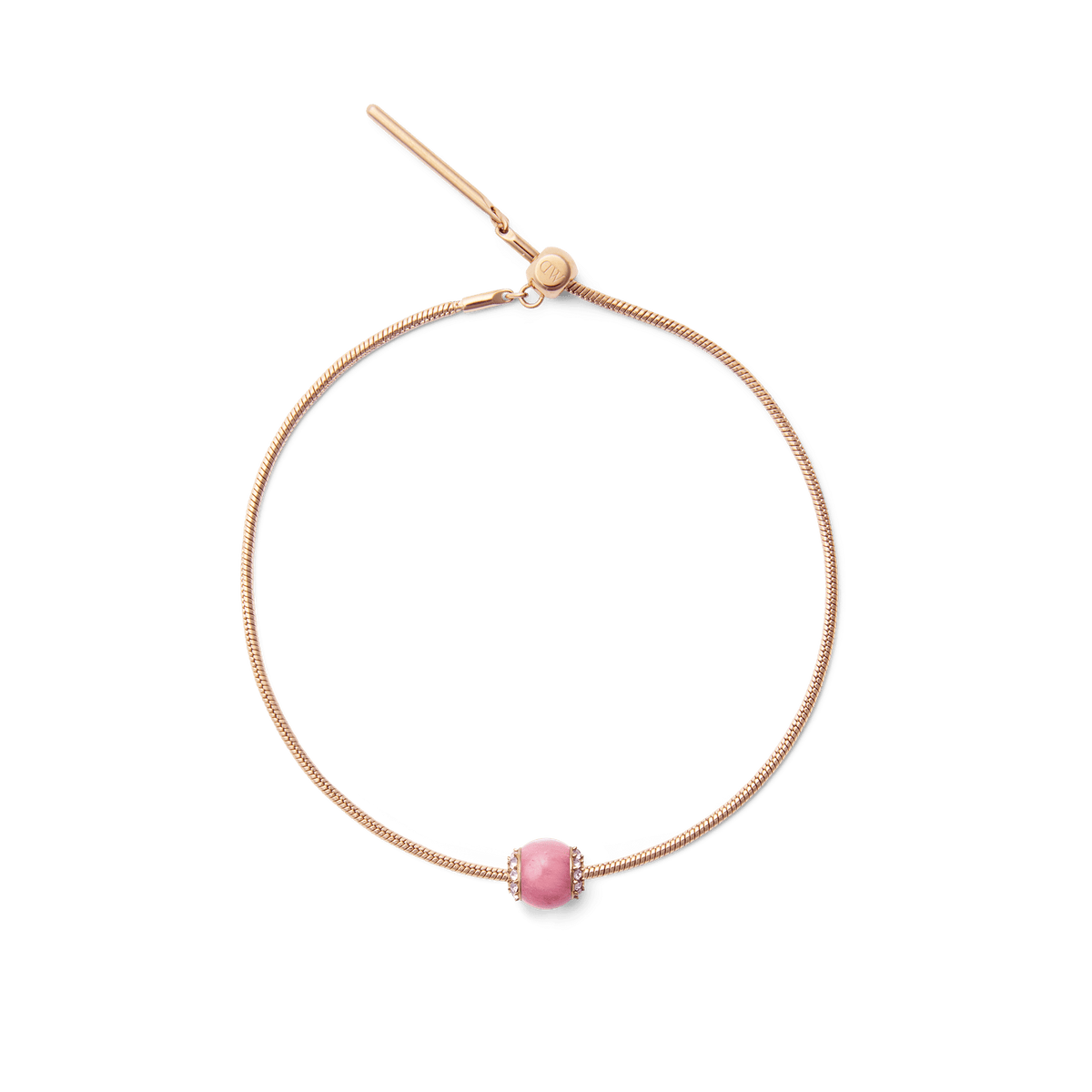Rose gold bracelet with an adjustable clasp, featuring a central rhodonite crystal orb charm accented by sparkling Preciosa crystals.