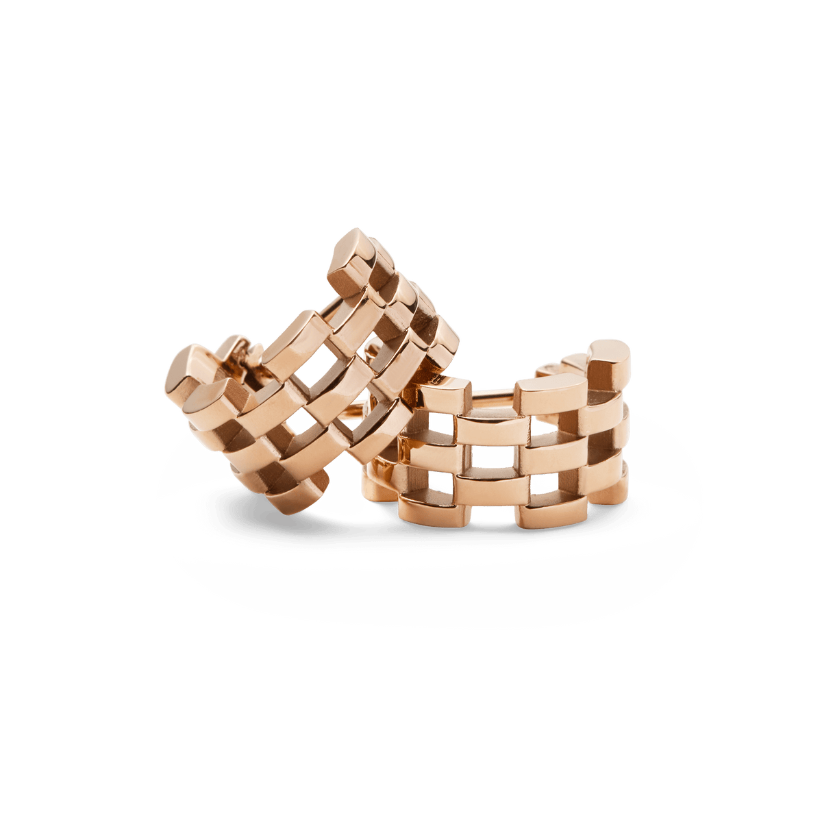 Pair of rose gold 5-link earrings featuring a geometric openwork design inspired by watch straps, crafted from polished stainless steel.