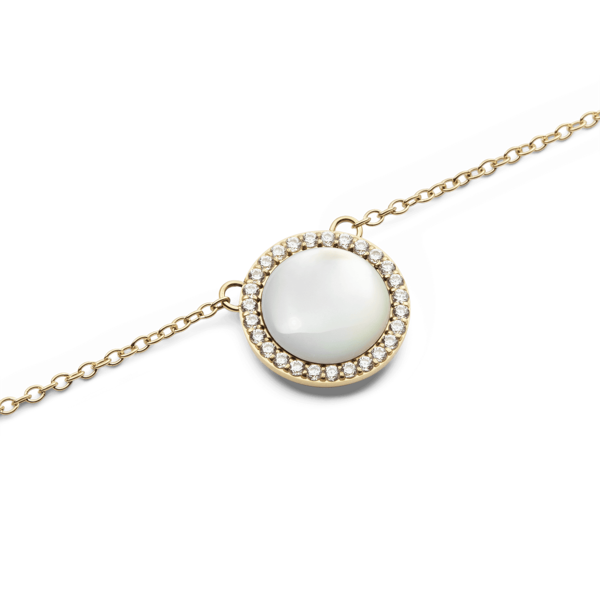 Close-up of Audrey Necklace featuring a round mother of pearl pendant with cubic zirconia on a fine gold-plated chain.