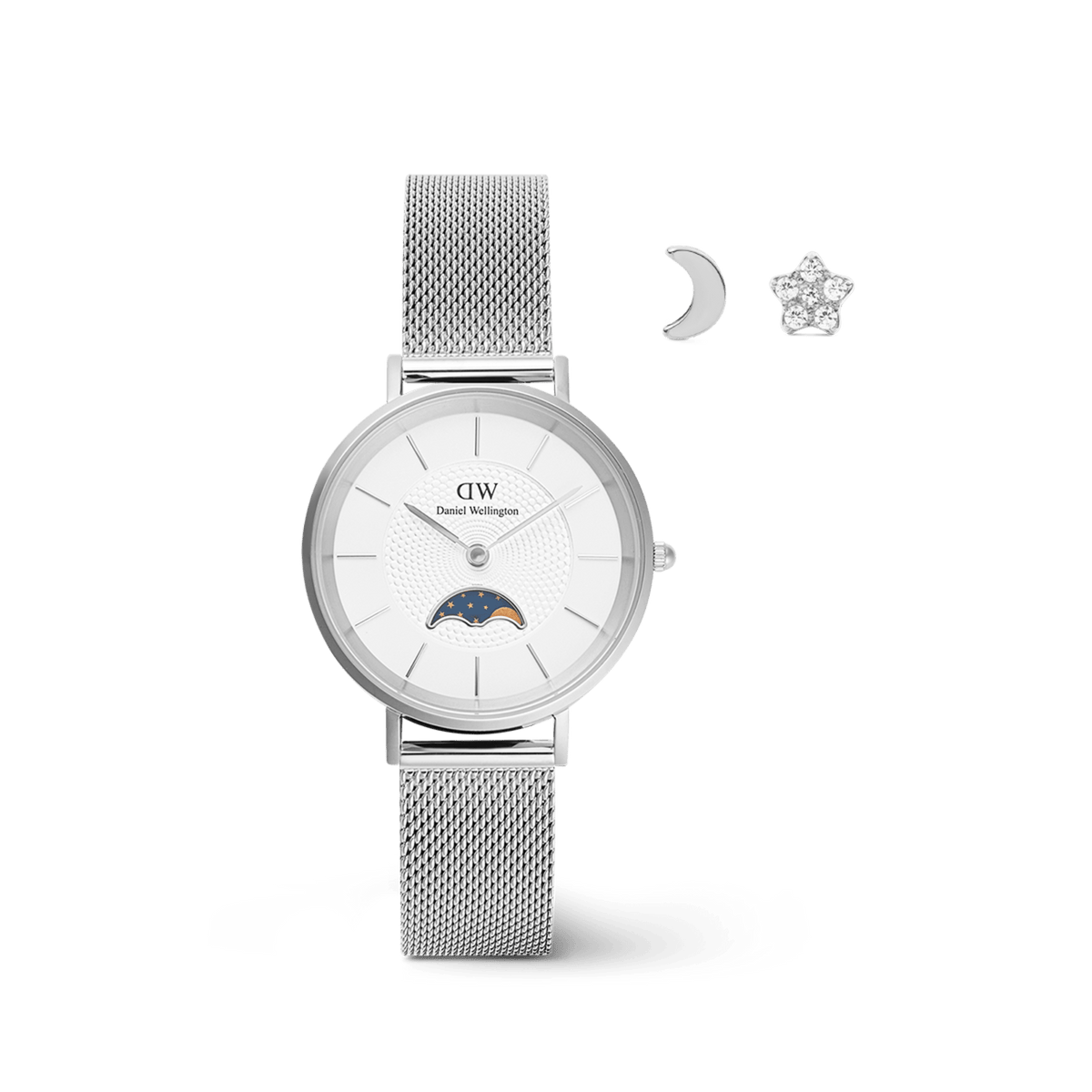Silver mesh strap ladies’ watch with a white dial featuring a moon phase detail, paired with matching silver moon and star-shaped earrings, creating an elegant celestial jewellery set.