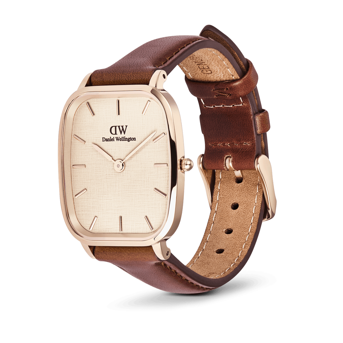 Daniel Wellington Marlon St Mawes Linen Rose Gold watch with cushion case, linen dial, and brown genuine leather strap.