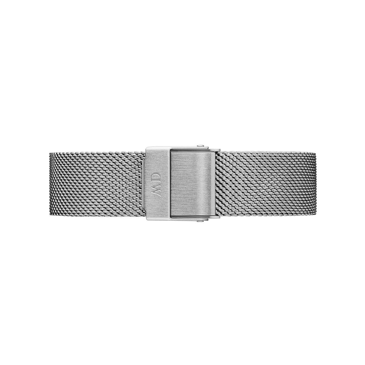 Stainless steel mesh watch strap in polished silver with a secure fold-over clasp, featuring a refined woven texture and adjustable fit.