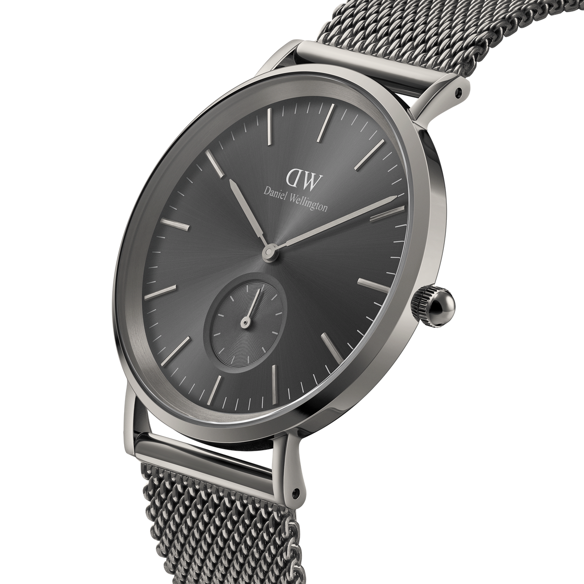 Classic Multi-Eye Mesh Graphite watch by Daniel Wellington with a graphite sunray dial, sub-dial, and a sleek stainless steel mesh strap.