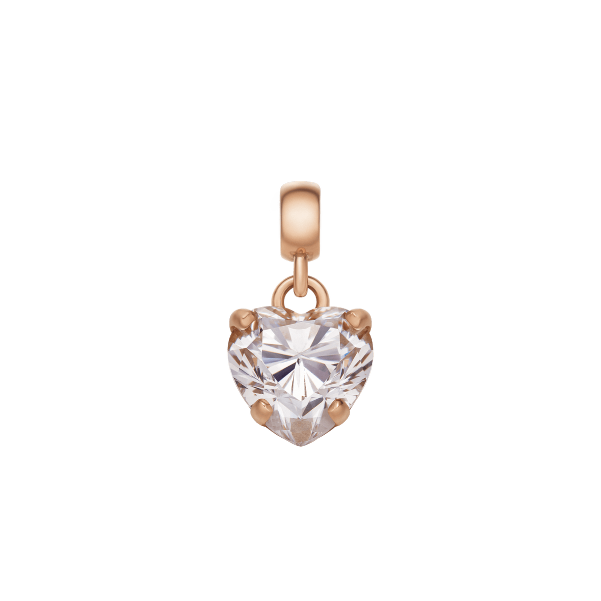 Heart-shaped white crystal charm with a rose gold-plated stainless steel setting, featuring a claw-set cubic zirconia and an adjustable clasp for bracelets or necklaces.