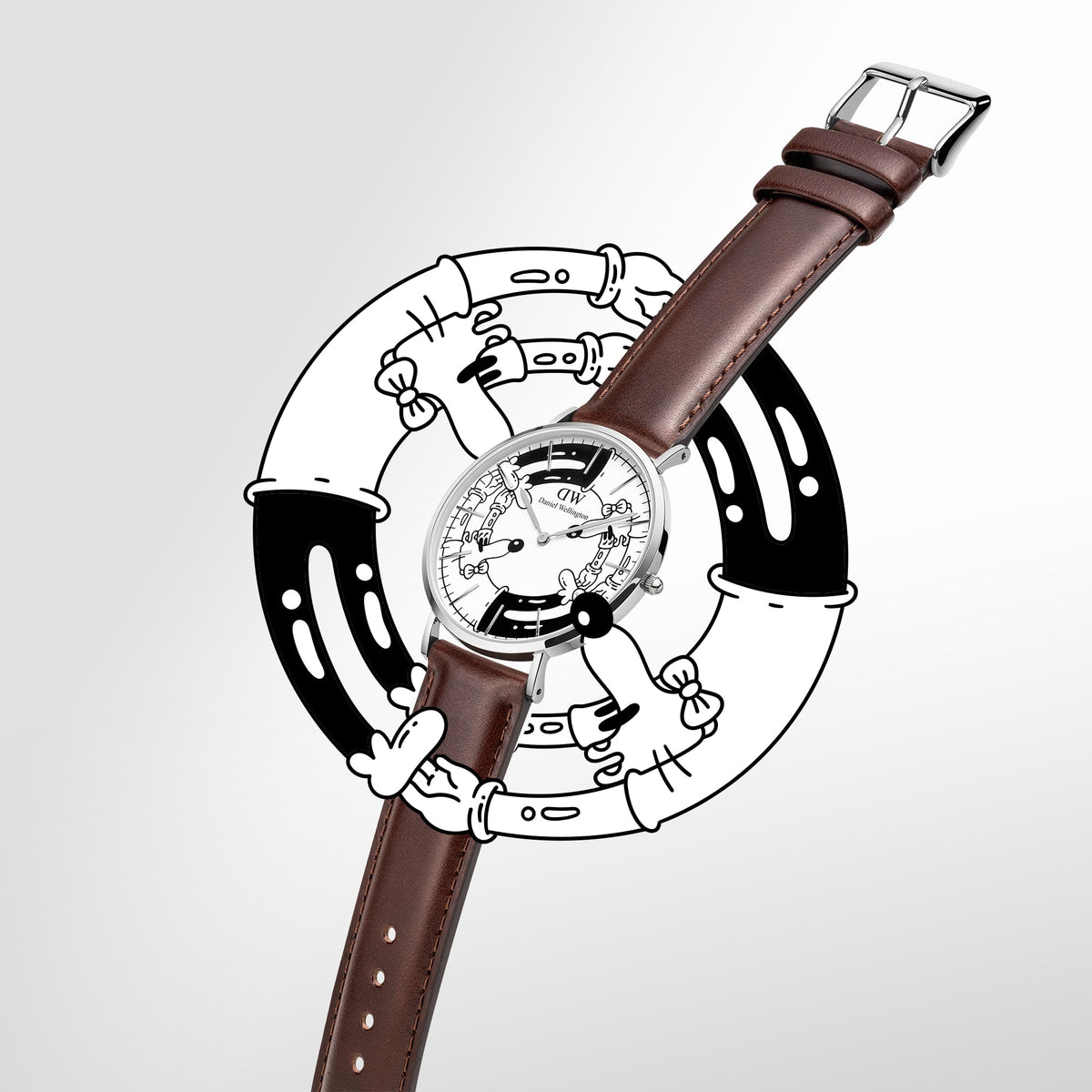 Daniel Wellington x Steven Harrington watch featuring a black and white illustrated dial in a silver case, paired with a brown leather strap and set against a matching graphic background.