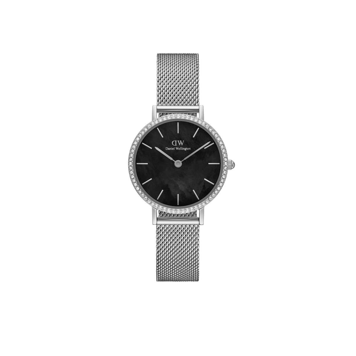 Petite Lumine Bezel Sterling Black MOP women’s watch with black mother of pearl dial, crystal bezel, and silver mesh strap.