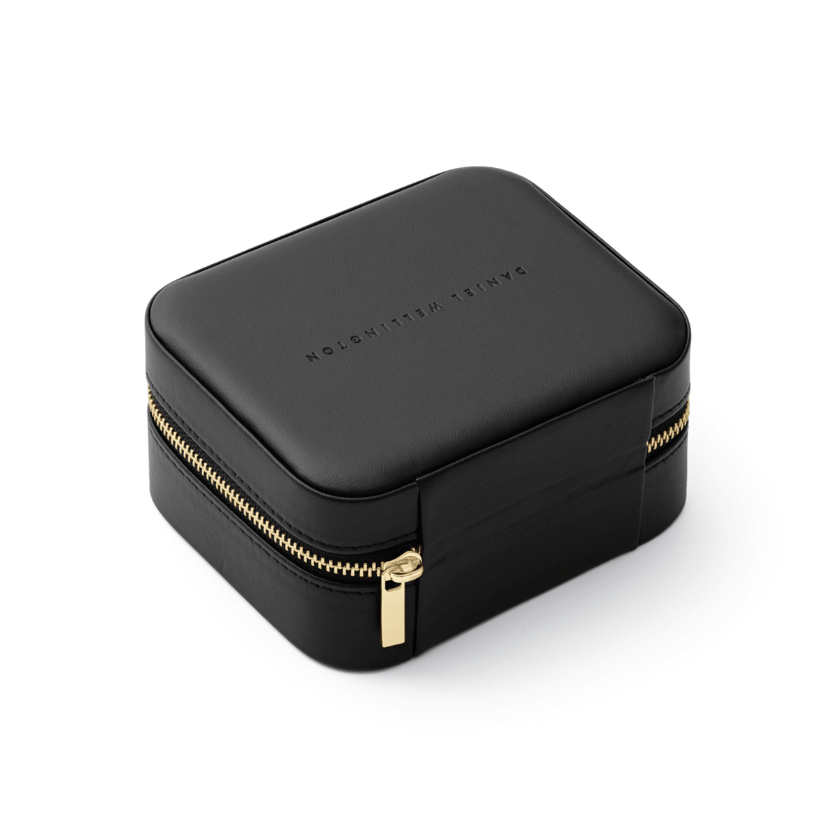 Compact black travel jewellery box with a gold-tone zip and subtle Daniel Wellington logo, ideal for secure accessory storage on the go.