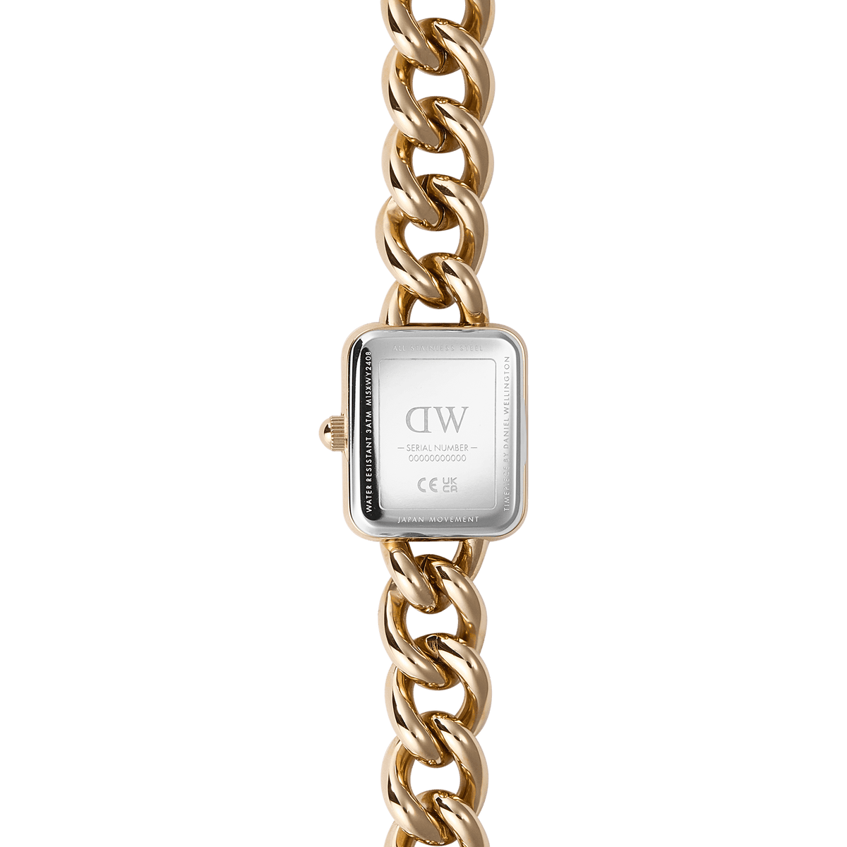 Jolie Chain Rose Gold women’s watch shown from the back, featuring an engraved stainless steel case and a chunky rose gold chain bracelet.