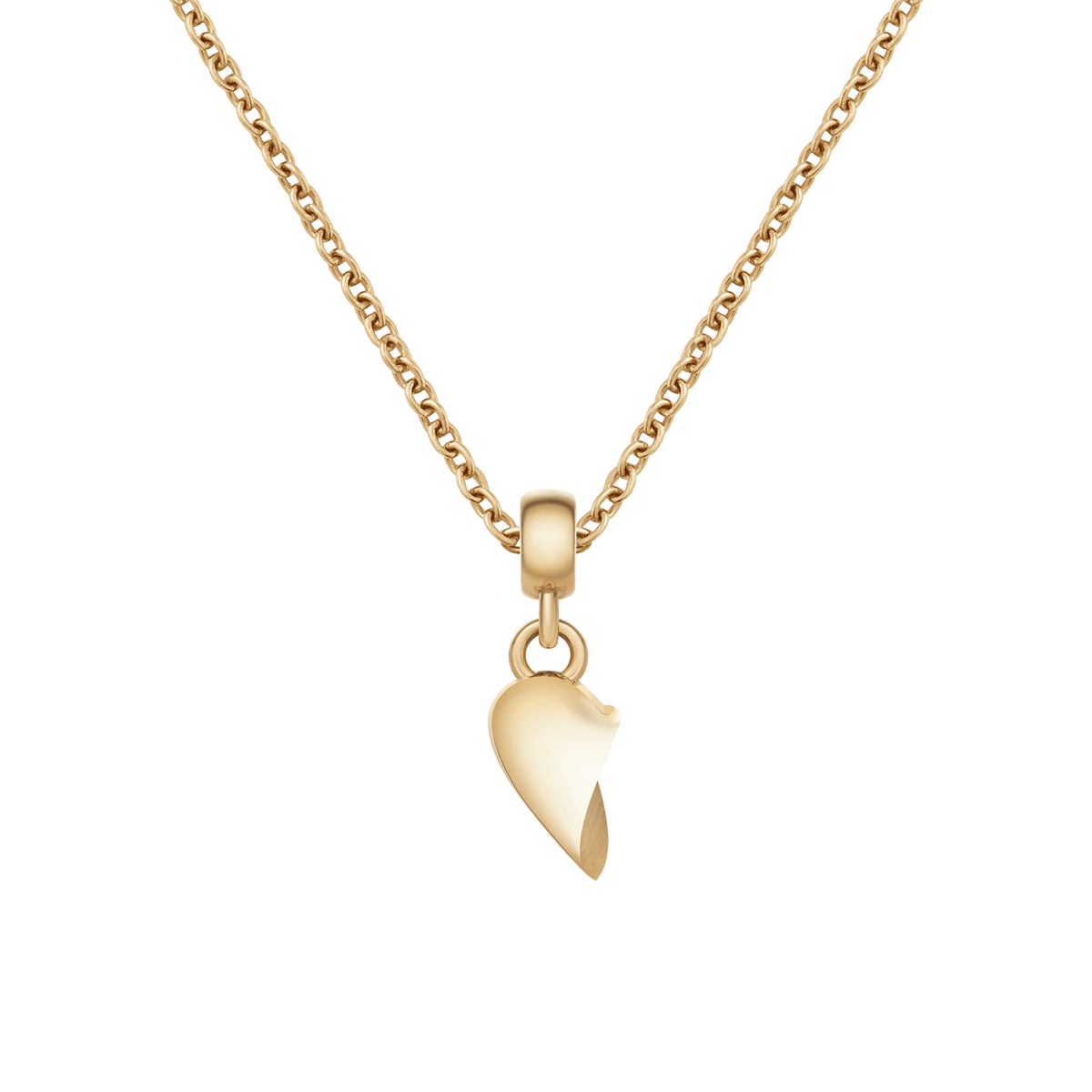 Gold split heart charm with an organic wave design, shown on a matching gold chain necklace.