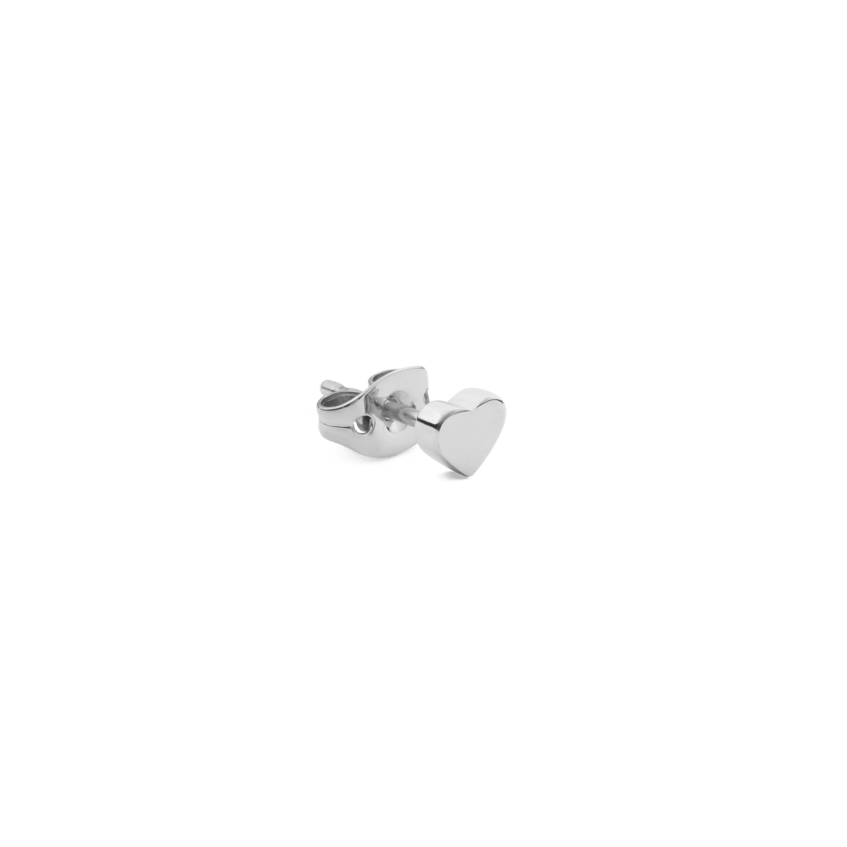 Small heart-shaped silver stud earring crafted from polished stainless steel, shown with a secure butterfly backing.