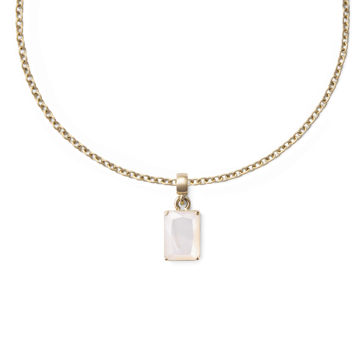 Gold chain necklace featuring a rectangular octagon mother of pearl charm set in polished gold-tone stainless steel, showcasing a minimal and elegant design.