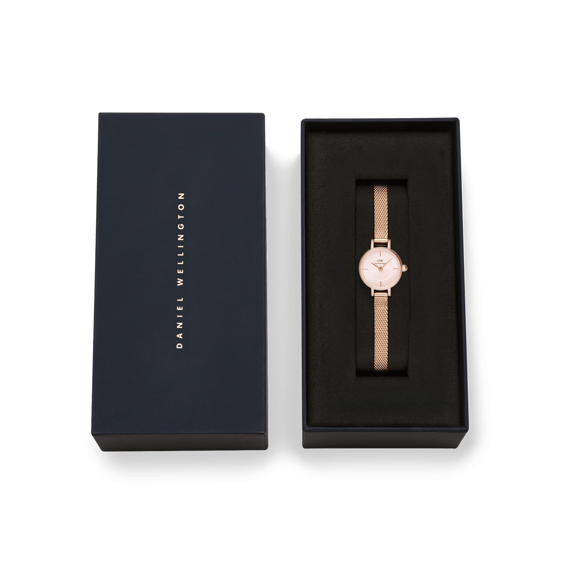 Petite Mini Blush Melrose rose gold watch with a blush pink dial and mesh strap, elegantly presented in a signature Daniel Wellington gift box.