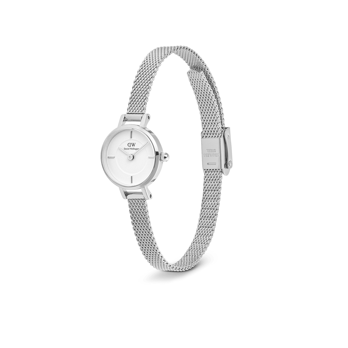 Petite Mini Sterling women’s silver watch with 19mm round case, white minimalist dial, and adjustable mesh stainless steel strap.