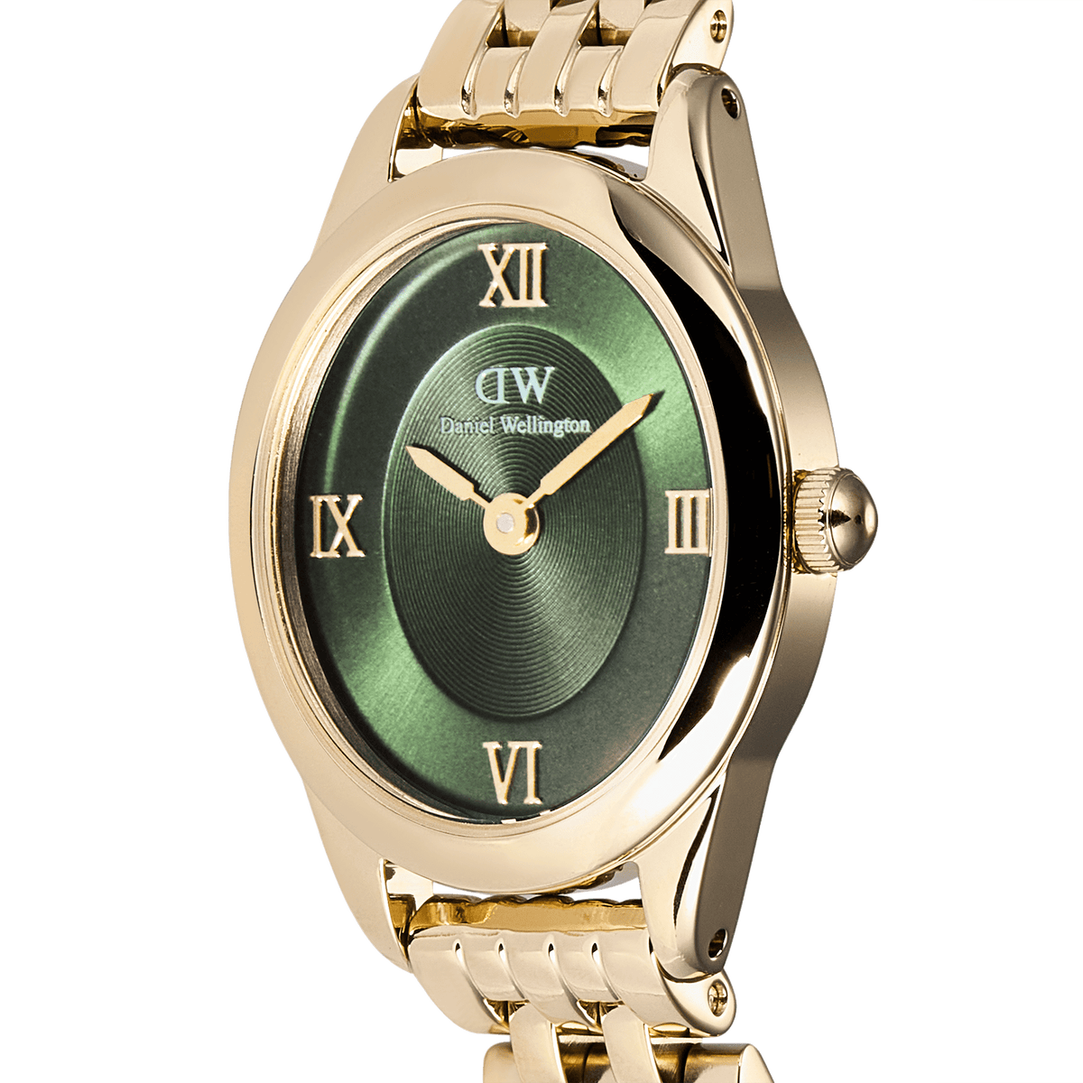 Close-up of the Daniel Wellington Ophelia Mini Emerald Gold watch, highlighting the oval emerald green sunray dial, gold Roman numerals, and polished gold case with a matching link bracelet.
