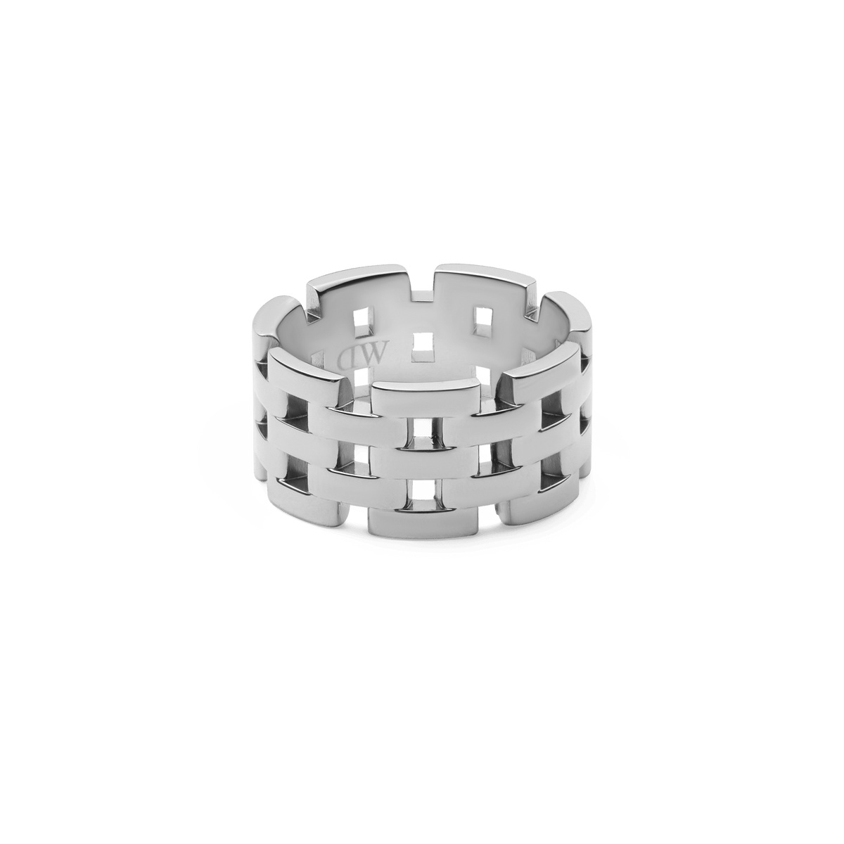 Polished silver ring with a bold five-link design and sculptural gaps, inspired by classic watch straps.