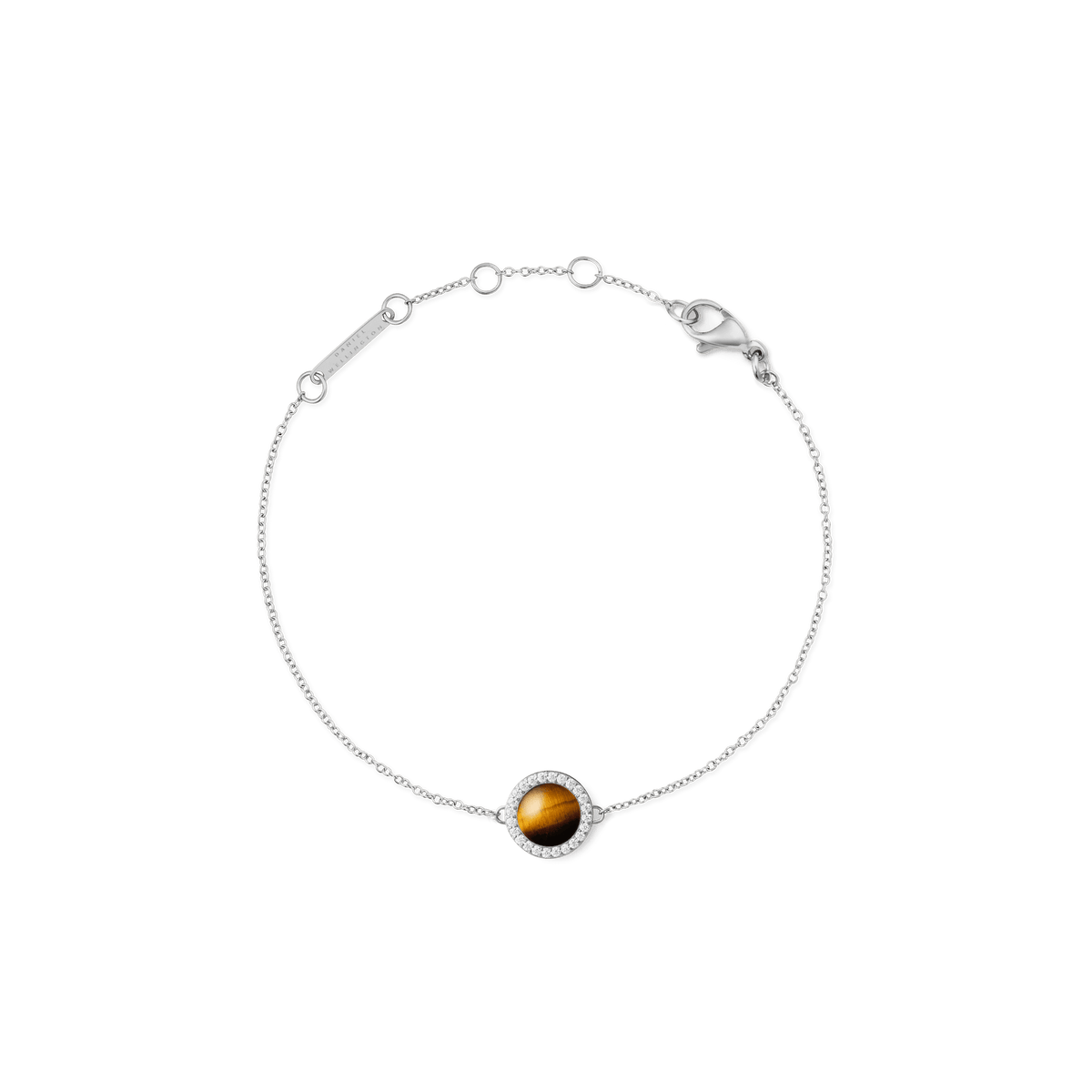 Silver Audrey bracelet with domed tiger eye stone and cubic zirconia accents on a fine adjustable chain, elegant and minimalist.