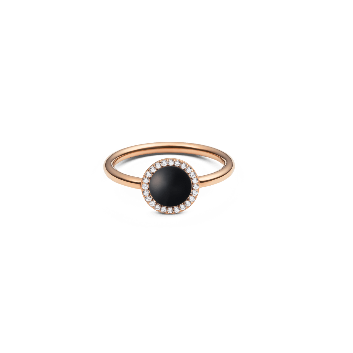 Rose gold ring with round black agate centre, haloed by white cubic zirconia, elegant and modern jewellery for women.