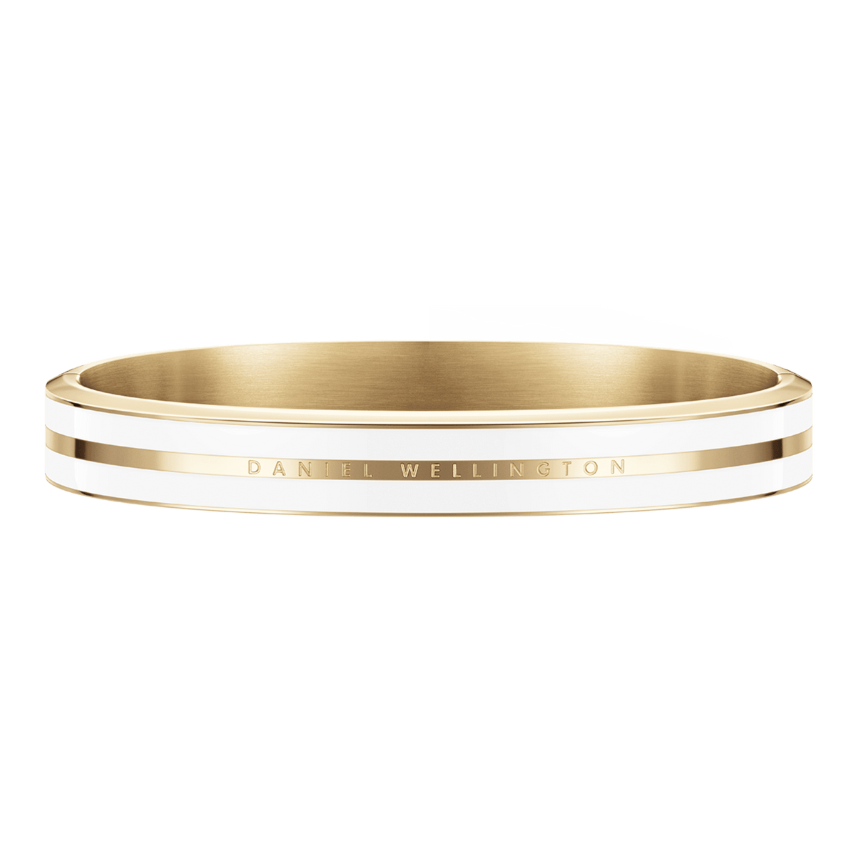 Elegant Emalie Infinite Gold Satin White bangle featuring a polished gold finish, white enamel inlay, and Daniel Wellington engraving.