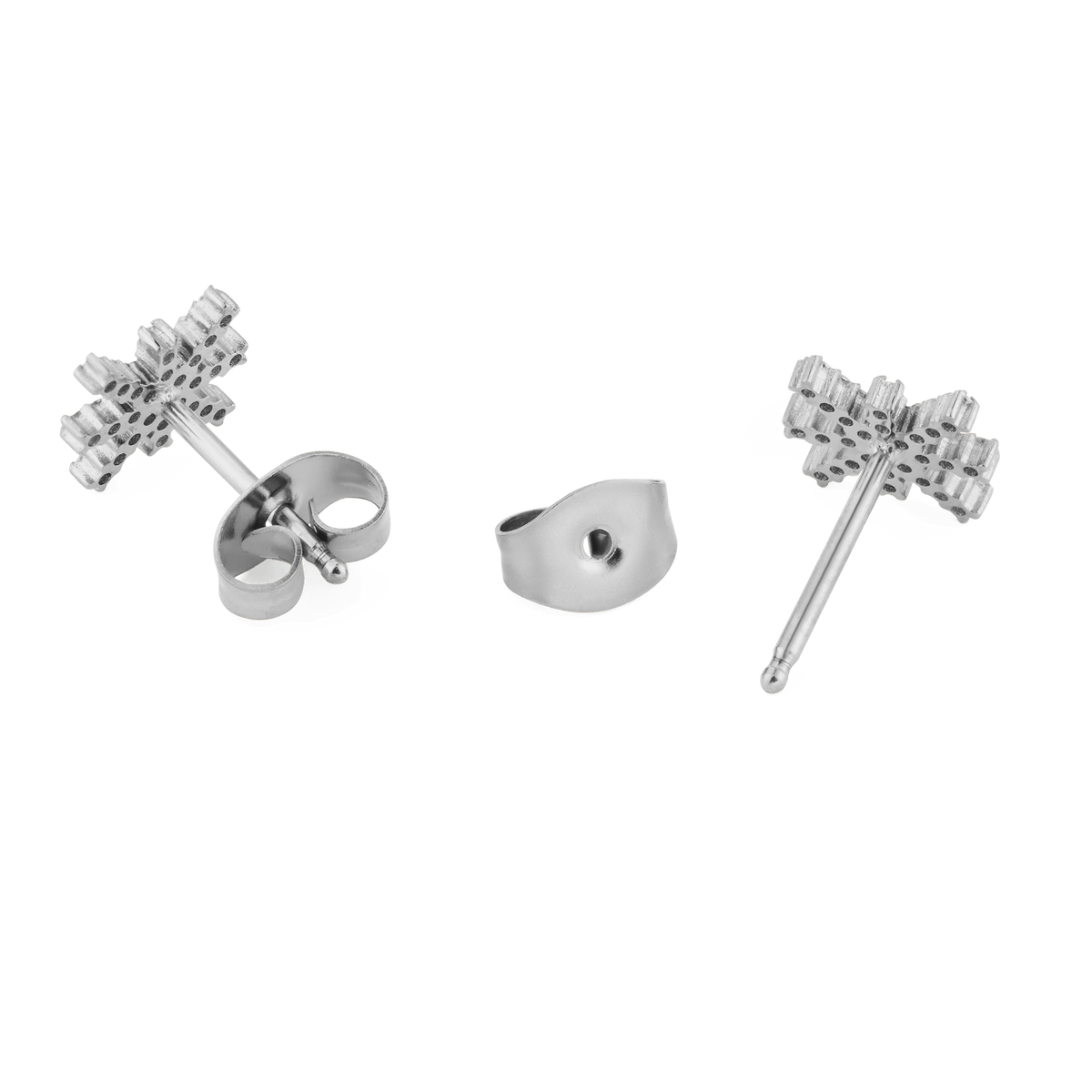 Back view of Mirelle Star Earring Silver stud earrings, highlighting the secure stud fastening and polished stainless steel construction with intricate starburst detailing.