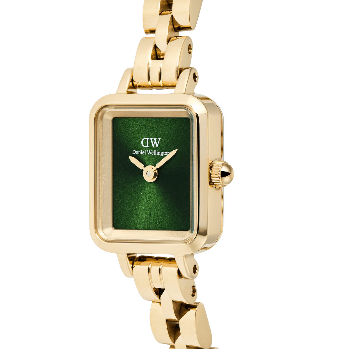 Close-up of the Quadro Mini Arch 3-link Emerald Sunray Gold watch, highlighting its rectangular gold-tone case, emerald green sunray dial, and polished 3-link bracelet.