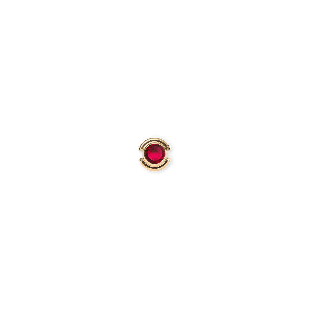 Small gold charm with a vivid red crystal centre, set in a polished gold-plated stainless steel frame, designed for use on necklaces or bracelets.