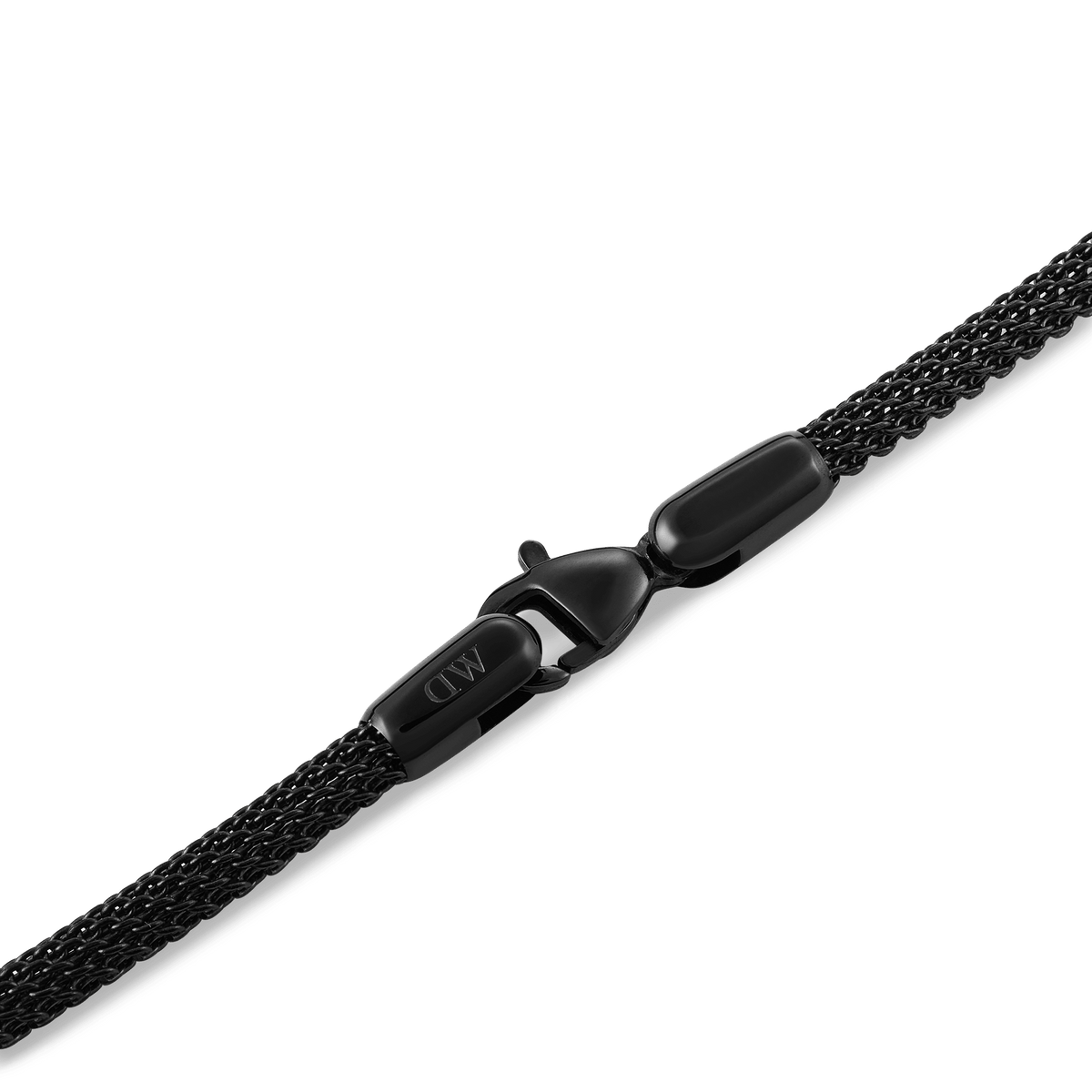 Close-up of the Tide Mesh Bracelet Ashfield 2.8 showing its fine black stainless steel mesh and secure lobster clasp with subtle DW branding.