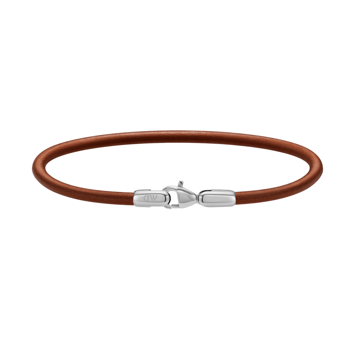 Slim brown leather bracelet with a polished silver stainless steel lobster clasp and subtle Daniel Wellington branding.
